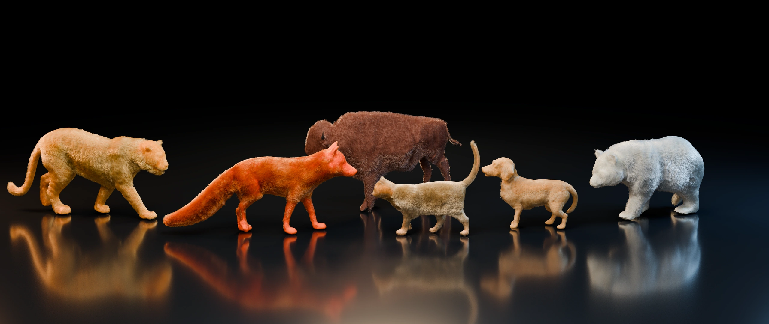 Six reconstructed furry animals in a dark studio: tiger, fox, cat, beagle, panda, and a bison behind them.